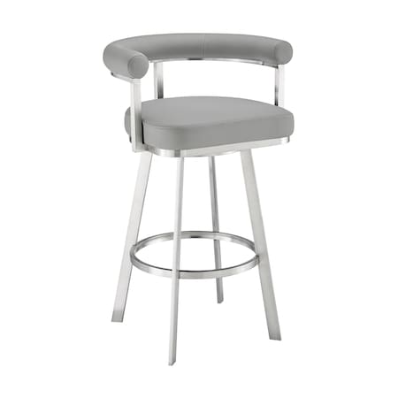 Armen Living Nolagam Swivel Counter Stool in Brushed Stainless Steel with Light Gray Faux Leather 840254335615